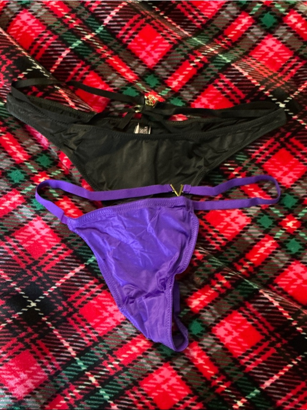 Victoria's Secret Black & Purple Lace-Trim Thong Set